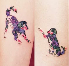 two tattoos on the legs of women with flowers and dogs painted on their bodies,