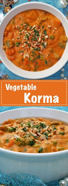 vegetable korma in a white bowl on a blue tablecloth with text overlay