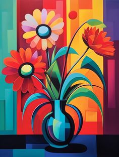 a painting of flowers in a blue vase on a colorful tablecloth with an abstract background