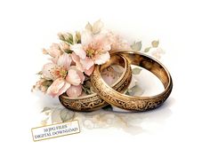 two wedding rings with pink flowers on top of each other and a gold ribbon around the edges