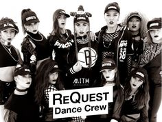 a group of young women standing next to each other in front of a sign that says request dance crew