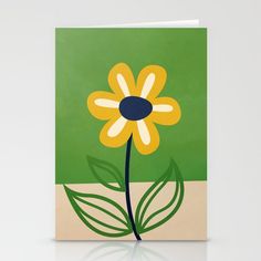 a greeting card featuring a yellow flower on a green background with white and blue stripes