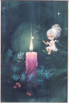 an angel is lighting a pink candle in the dark with pine branches and berries around it