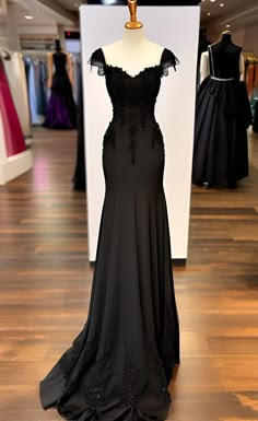 Black Classy Dress Long, Vampire Prom Outfit, Long Formal Black Dress, Black Emo Prom Dress, Black Slim Dress Long, Gothic Prom Dress, Satin Sleeves, Dream Wedding Ideas Dresses