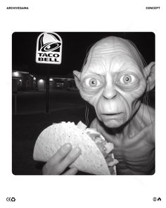 an alien eating a burrito in front of a taco bell sign