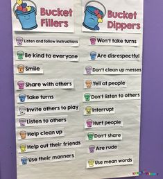 a bulletin board with bucket fillers written on it in front of a purple wall