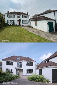 before and after photos of a house with green shutters on the front, side by side