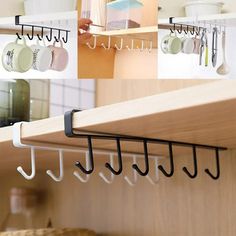 there are eight hooks on the shelf with mugs and spoons hanging from them