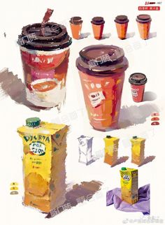 an artist's rendering of coffee cups and containers