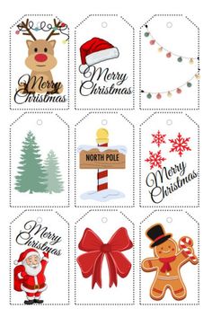 christmas gift tags with santa claus, reindeer and snowman on the top one is for north pole