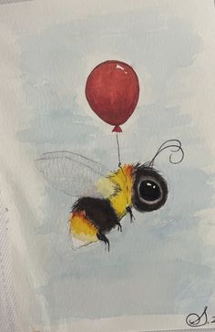 a drawing of a bee flying with a red balloon