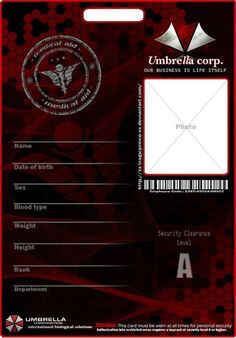 a red and black id card with the word umbrella corp on it's side