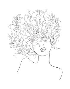 a woman's face with flowers in her hair, drawn by hand on a white background