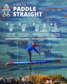 a man riding on top of a surfboard in the ocean with instructions for how to paddle