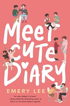 the book cover for meet cute diary by emery lee, with people sitting on chairs