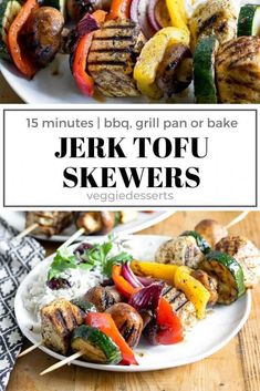 grilled meat and vegetables on skewers with text overlay