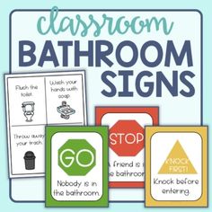 classroom bathroom signs are displayed in front of a blue background