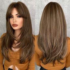 Long Dark Brown High Light Synthetic Wig - HairNjoy Haircuts For Long Hair, Orange Hair, Hair Inspo Color, Long Hair Cuts, Layered Hair, Hair Dos, Trendy Hairstyles, Hair Highlights, Hair Looks