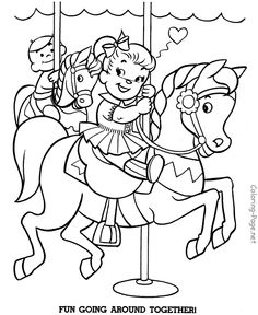 a girl riding on a carousel with her friends coloring pages for kids to print and color