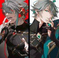 two anime characters, one with grey hair and the other with green eyes wearing black