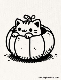 a black and white drawing of a cat in a pumpkin