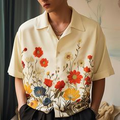 Korean Style Men, Spandex Shirts, Safety Clothing, Print Design Pattern, Men Shirt, Flower Shirt, Men Clothing, Print Pattern, Short Sleeve Blouse