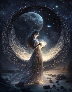 a woman standing in front of a moon with her hands on her chest and looking at the stars