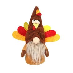 a stuffed turkey head with long white hair