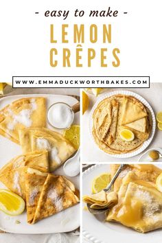 lemon crepes on a white plate with lemon wedges