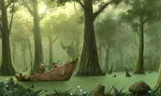 an artist's rendering of two people in a boat on the water surrounded by trees