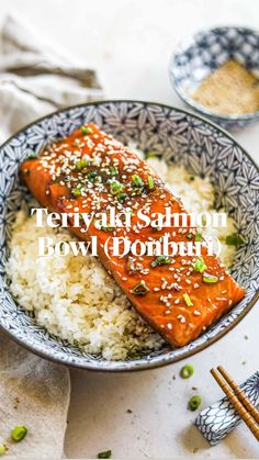 salmon with sesame seeds and rice in a bowl