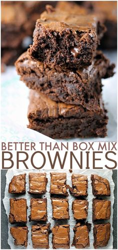 chocolate brownies stacked on top of each other with the words better than box mix