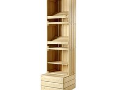 a tall wooden shelf with drawers on each side