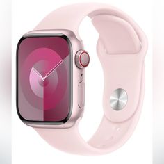 an apple watch with a pink band