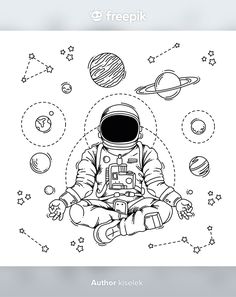 an astronaut sitting on the ground surrounded by planets and stars, in black and white