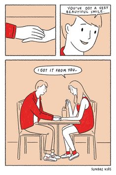 a comic strip shows two people sitting at a table and one is talking to the other