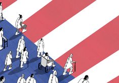 several people in white coats are walking across a red, white and blue striped background