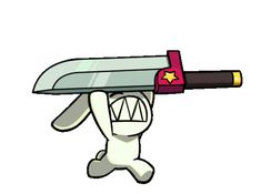 a cartoon character holding a large knife over his head with its mouth wide open and it's tongue out