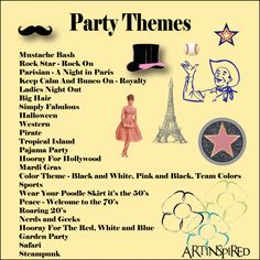 an advertisement for the party themes in pink and black, including a top hat, star, mustache, dress up girl, balloon