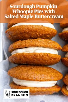 Sourdough pumpkin whoopie pies with salted maple buttercream filling on parchment paper. Fall Treats To Make, Sourdough Pumpkin, Maple Buttercream, Recipe Using Sourdough Starter, Pumpkin Whoopie Pies, Treats To Make, Easy Sourdough, Homemade Sourdough Bread