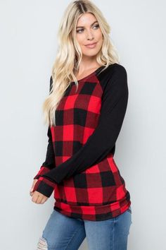 Melissa Buffalo Check LS Sweater - Jolie Vaughan | Online Clothing Boutique near Baton Rouge Plus Size Plaid, Check Tops, Buffalo Plaid Pattern, Round Neck Top, Plus Sized, Form Fitting Dress, Chic Top, Women Long Sleeve Tops, Round Neck Tops