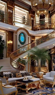 the interior of a luxury cruise ship with gold furniture and chandeliers on each floor