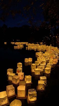 many paper lanterns are lit up in the dark at night, with trees and water behind them