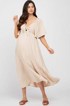 Beige Textured Dot Front Tie Ruffle Sleeve Maternity Midi Dress – PinkBlush Woodland Baby Shower Dress, Casual Baby Shower Outfit, Baby Shower Dress For Mom, Fall Maternity Dress, Short Maternity Dress, Shower Vibes, White Maternity Dress, Maternity Shoot Outfit, Boho Maternity Dress