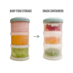 three containers with different foods in them labeled baby food storage and snack containers