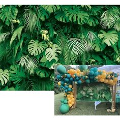 an outdoor wedding with tropical foliage and balloons in the foreground, along with a backdrop of palm leaves