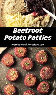 beetroot potato patties in a bowl and on a plate with other ingredients