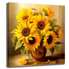 a painting of sunflowers in a brown vase on a wooden table with leaves