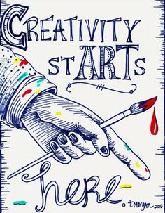 a hand holding a paintbrush with the words creativity starts here on it and an ink pen