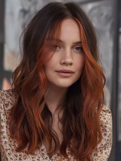 Here we see a softer version of the Dark Auburn Fire Ombre, where the transition from dark auburn to a mellow orange is seamless and natural. This style offers a gentle yet colorful expression, suitable for those who prefer their style statements to whisper rather than shout. Natural Orange Hair Color, Dark Brown And Auburn Hair, Orangey Brown Hair, Dimensional Auburn Hair, Dark Auburn Balayage, Ombre On Dark Hair, Fall Vivid Hair Color, Auburn Ombre Hair, Fire Ombre Hair